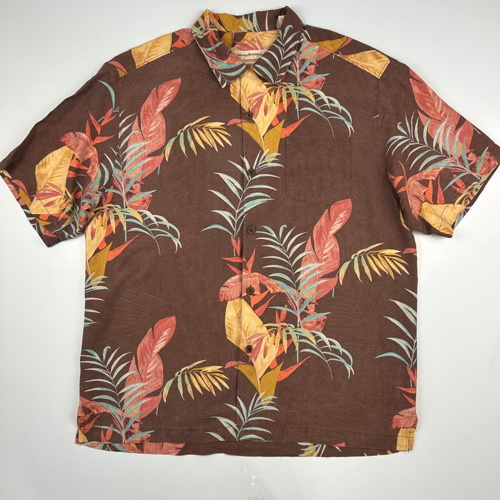 Tommy Bahama Mens Large Silk Tropical Floral Button Up Shirt Brown Original Fit